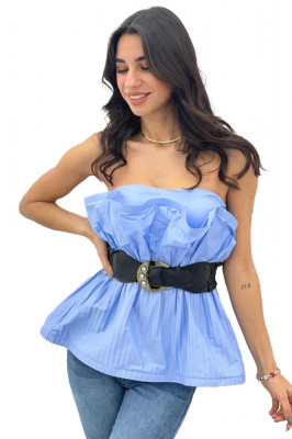 Camasa crop-top Rouche, cu aspect plisat, croi banda tip corset si curea inclusa, Marime universala