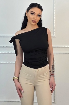 Top elegant Camell, cu legare laterala si falduri, Negru