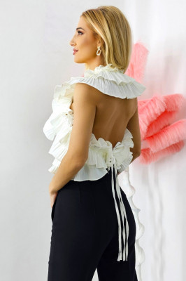 Top elegant Genna, cu spatele gol si volane plisate, Alb, Marime S/M 6