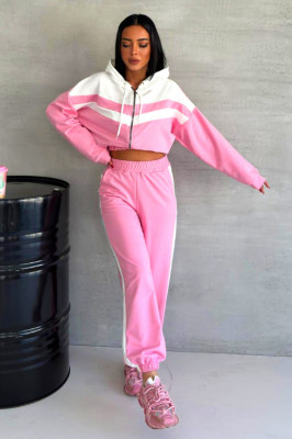 Trening bumbac Cerasela, imprimeu bicolor, bluza scurta cu fermoar si pantaloni, Roz 2