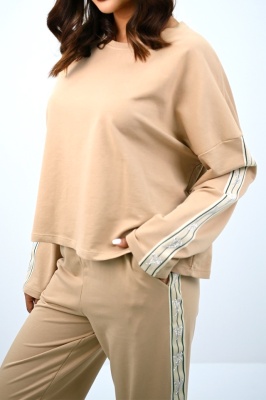 Trening cu bumbac GlamMotion, pantaloni lejeri, paiete si bluza oversize, Crem 4