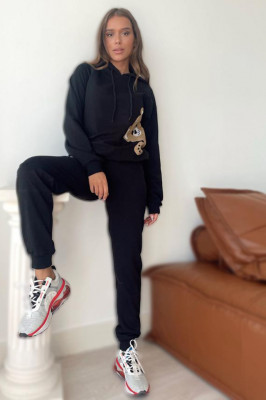 Trening dama Cute Bear, pantaloni si hanorac cu gluga, Negru