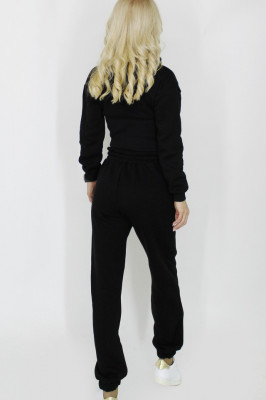 Trening vatuit Beatrice, pantaloni cu buzunare oversize si hanorac cu gluga si aspect elastic de corset, Negru1