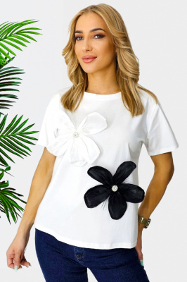 Tricou cu accesorii florale Faiesh, organza si croiala lejera, Alb