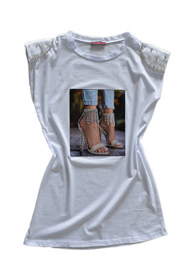 Tricou dama lung, cu imprimeu "sandale", Alb4