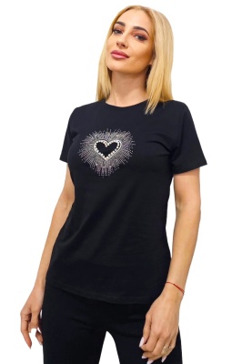 Tricou de dama imprimat AMOO, cu cristale artizanale mari, Rays Heart Negru