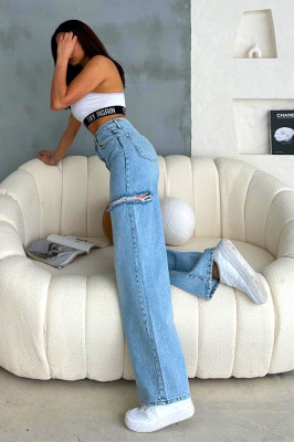Blugi baggy DOHA, cu perforatii multiple, ample si aspect prespalat, Albastru de gheata 1