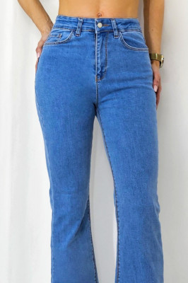 Blugi dama evazati Daria, cu talie inalta si textura elastica, Albastru deschis 3
