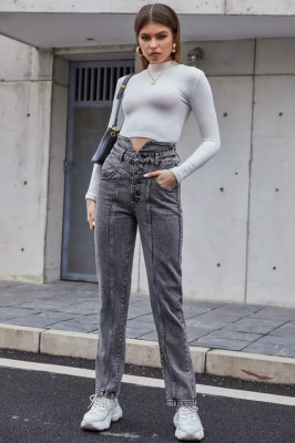 Blugi dama Lisa, cu talie inalta, fara elastan si croiala momfit