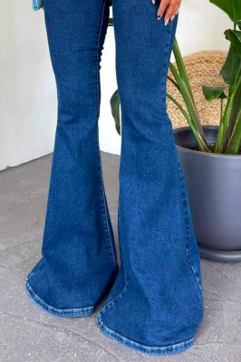Blugi dama Merida, cu super elastan si lungime oversize evazata, Albastru inchis 3