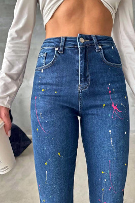 Blugi dama, Splash Paint, croiala elastica boyfriend cu detalii cromatice, Albastru   1