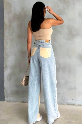 Blugi dama wide leg Zagora, cu insertii din bumbac si franjuri, Crem poze spate