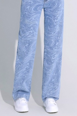 Blugi de dama Phoenix Wave, croiala relaxed fit, cu imprimeu geometric, Albastru  
