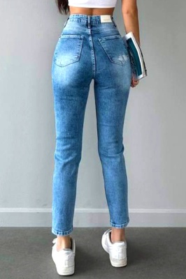 Blugi elastici dama LERDO, croiala mom slimfit cu perforatii, Albastru deschis spate