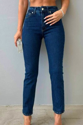 Blugi mom fit Acapulco, cu talie inalta si usor elastici, Albastru indigo 3