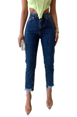 Blugi mom slimfit Colombo, cu perforatii la baza piciorului si talie inalta, Albastru denim 3
