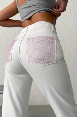 Blugi mom slimfit Montreal, cu pietre roz si buzunare, Alb