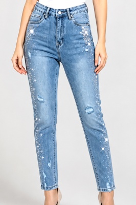 Blugi dama bleu prespalat cu talie inalta, croiala slim fit, rupturi discrete si detalii stralucitoare pe laterale