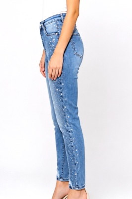 Blugi slim fit RAVENNA, cu strasuri dense si perforatii, Albastru detaliu lateral