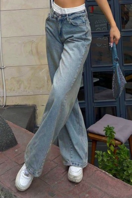 Blugi wide leg Qatar, cu banda elastica in talie si aspect prespalat, Albastru vintage 2