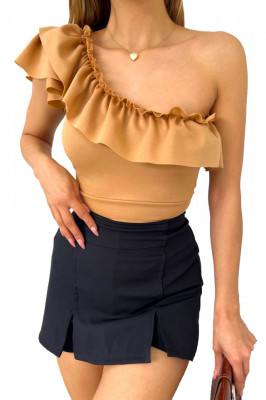 Bluza asimetrica Elara, cu umarul gol si volan oversize, Crem3