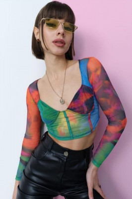 Bluza crop Kady, cu textura transparenta si maneca lunga, Fusion Orange