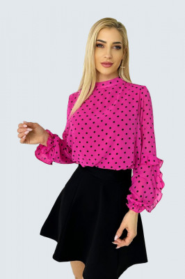 Bluza eleganta Aisha, cu maneca lunga, volane si croiala lejera cu buline, Fucsia2