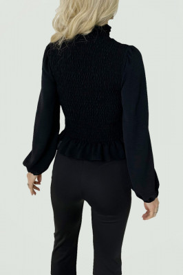 Bluza eleganta Cadence, cu tesatura vaporoasa, guler cu volanase si fronseuri, Negru, Masura universala S/M3