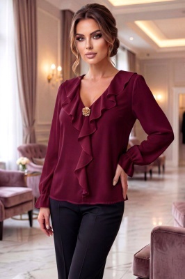 Bluza eleganta de dama, NORIA, cu volane si brosa aurie, Visiniu, Marime S/M