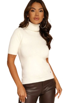 Bluza pe gat Patrizia, cu maneca scurta si manseta striata, Alb, Marime universala