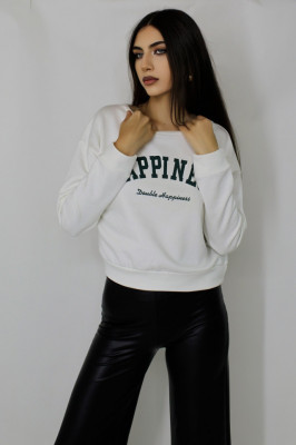 Bluza sport Happiness, bumbac, guler rotund si imprimeu motivational, Alb