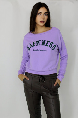 Bluza sport Happiness, bumbac, guler rotund si imprimeu motivational, Lila