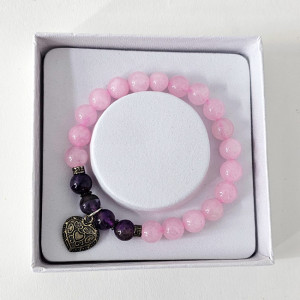 Brățară Amethyst Rose Quartz, din pietre semiprețioase si charm inima, in cutie cadou