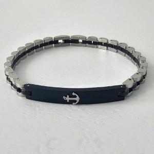 Bratara otel YAN, unisex, cu ancora in relief, ambalata in cutie eleganta, Argintiu/Negru, YAN44