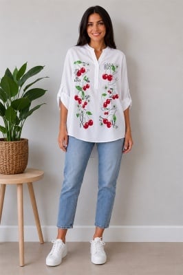 Camasa bumbac LARYSS, imprimeu collage si maneca reglabila, RED Cherry, Marime S/M/L