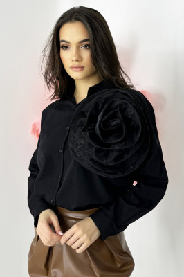 Camasa bumbac Organza Sweet, cu accesoriu floral oversize, detasabil, Negru