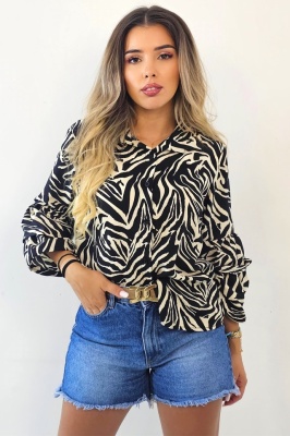 Camasa casual Hunter, animal print si maneca lunga cu volane, Zebra, Marime S/M 1