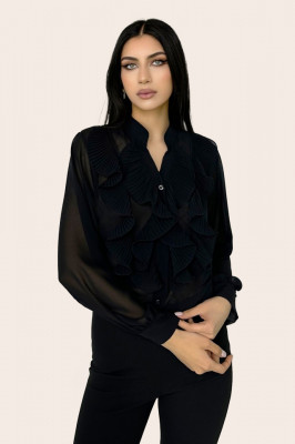 Camasa eleganta Dariana, cu textura vaporoasa, maneca lunga si volane maxi cu aspect plisat, Negru, Marime universala S/M/L1