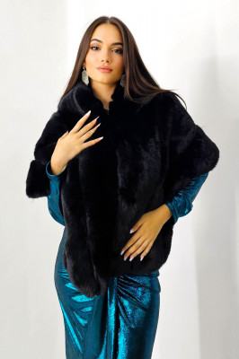 Capa tip sal din blana ecologica, Emeia, cu prindere in gaica, Negru, Marime OneSize 2