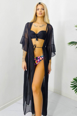Cardigan de plaja LEXA, cu maneca evazata si snur in talie, Negru 4