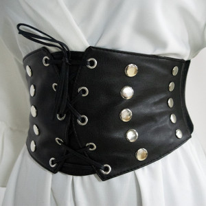 Centura corset Glam neagra, lata, din piele ecologica, elastica, cu snururi si capse