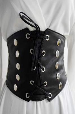 Centura corset Glam neagra, lata, din piele ecologica, elastica, cu snururi si capse