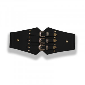 Centura corset Vog neagra, lata, din piele ecologica, elastica, cu catarame aurii1