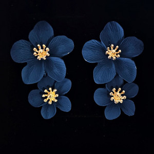 Cercei lungi Sublime Petunia, cu design floral, realistic, in cutie eleganta, Albastru inchis1