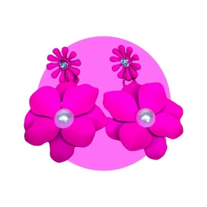 Cercei lungi Theona, design floral, cu tija si pietre artizanale, Fucsia 2