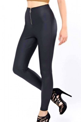 Colanti fitness Velly, piele eco, cu fermoar si aspect mat, Negru 2