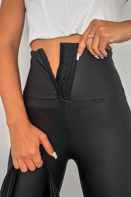 Colanti modelatori Stay Fit, din piele ecologica, cu corset in talie si capse, Negru