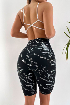 Colanti scurti fitness Ethan, cu banda modelatoare in talie si imprimeu variat, Silver Abstract spate