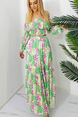 Compleu Bernolda fusta si camasa, Verde roses, Masura S/M/L2