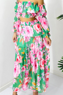 Compleu Bernolda, fusta vaporoasa si camasa cu umerii goi, Green Sunday, Masura S/M/L 1